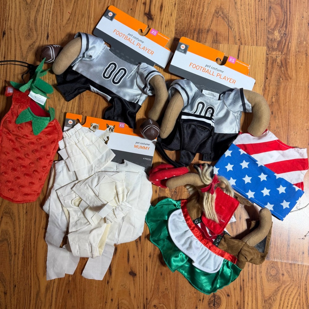 Pet Costume Bundle XS Football Mummy Strawberry Dirndl Patriotic 6pc Set